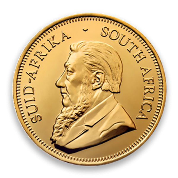 Obverse side of a South African gold Krugerrand coin featuring the profile of Paul Kruger.