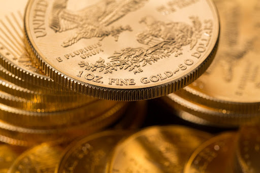 Close-up of an American Gold Eagle coin, highlighting the details of the coin at Pacific Precious Metals.