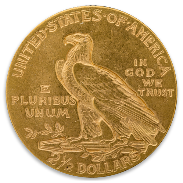 Reverse side of a gold $2.50 Indian Head coin featuring a perched eagle and "United States of America" text.