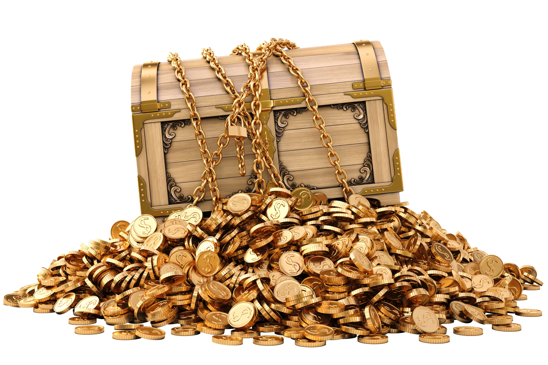 A wooden treasure chest, secured with heavy gold chains, sitting on a large pile of gold coins on a white background.