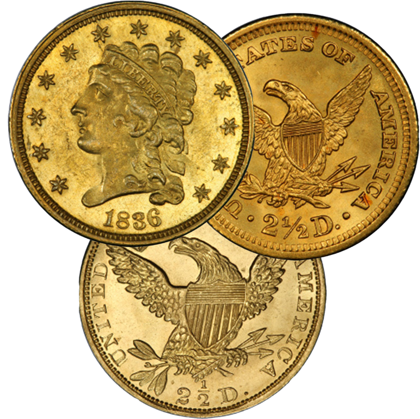 A collage showing the obverse and reverse sides of two antique $2.5 gold coins, featuring the Liberty Head and an eagle.