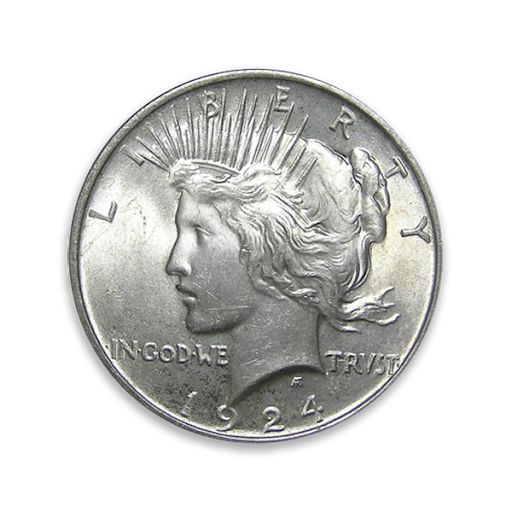 Obverse of a 1924 Peace Silver Dollar featuring Liberty with a radiant crown, designed to commemorate the post-WWI peace.