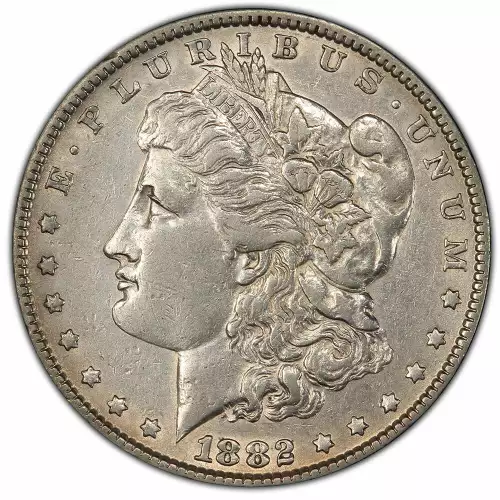 Obverse of an 1882 Morgan Silver Dollar featuring Liberty’s profile, a classic design by George T. Morgan.
