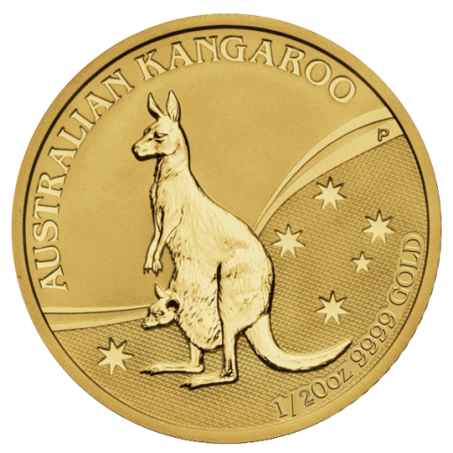 Reverse of an Australian Kangaroo 1/20oz gold coin showing a kangaroo with a joey in its pouch against stars.