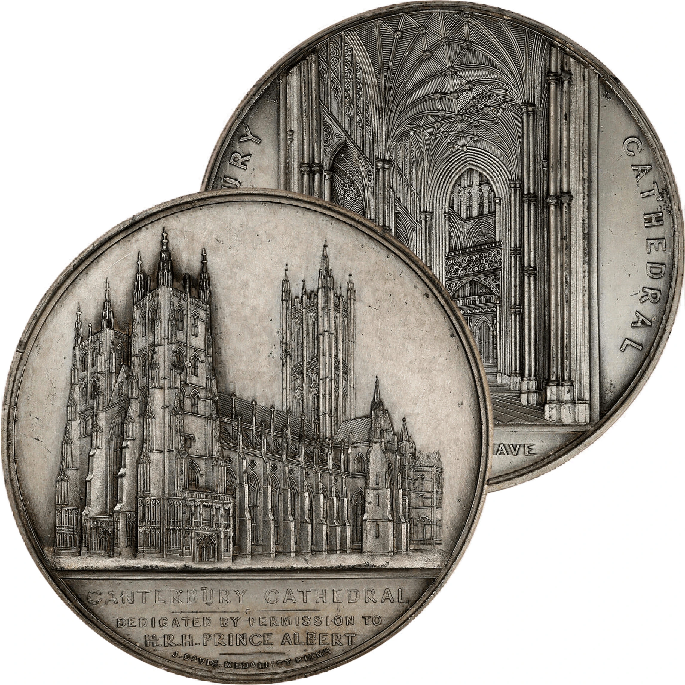 Two intricately engraved silver medals depicting Canterbury Cathedral's exterior and its vaulted interior nave.