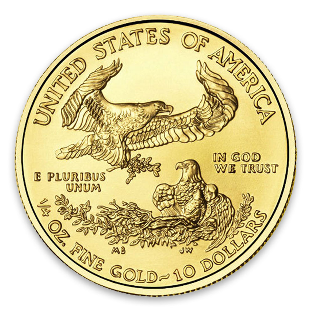 A close-up of the reverse side of a US ten-dollar gold eagle coin showing a stylized American eagle with a shield.