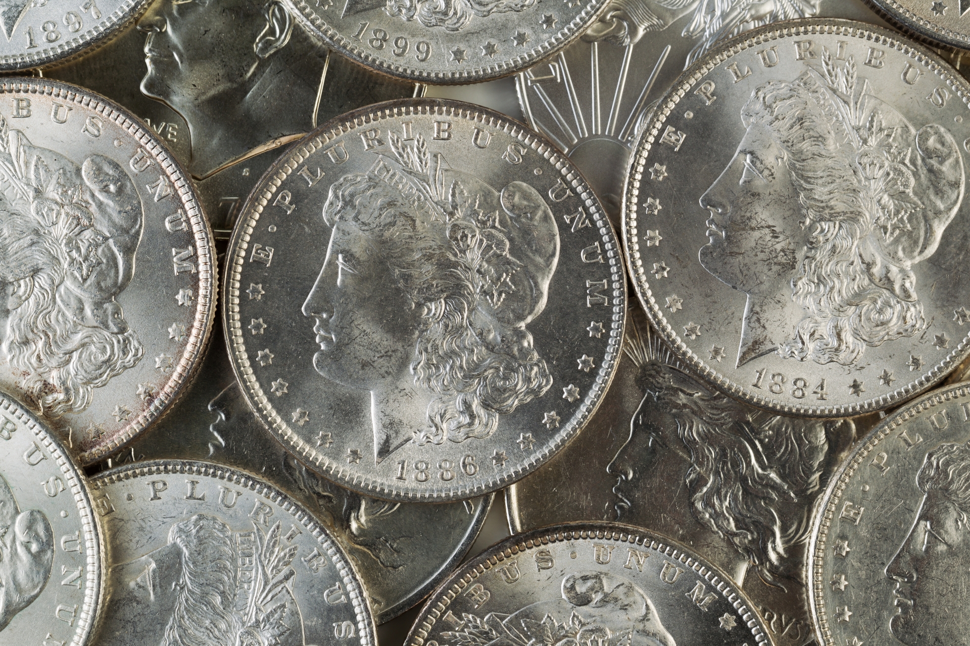A collection of silver Morgan Dollars showing detailed profiles and the year 1886.