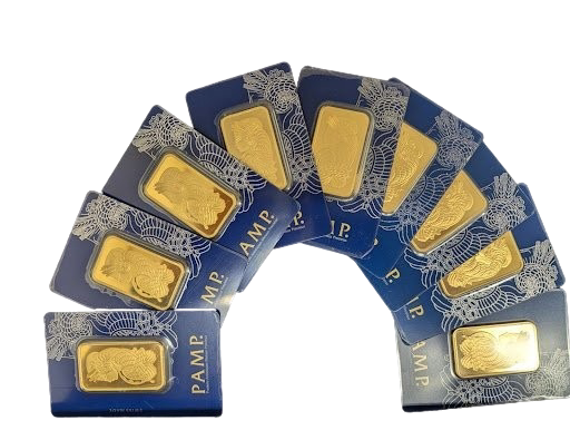 Assortment of PAMP Suisse gold bars in blue assay cards, showcasing investment-grade bullion for secure wealth.