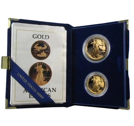 United States Mint Gold American Eagle coin set in a display case, featuring two iconic gold coins.