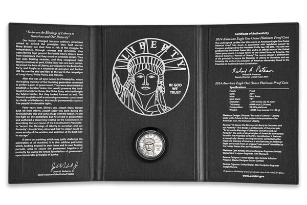  A 2014 American Platinum Eagle proof coin in its original US Mint presentation box with a certificate of authenticity. 