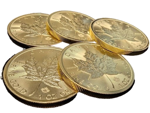 Close-up of Canadian Maple Leaf 1 oz gold coins with .9999 purity, a popular choice for physical gold investors.