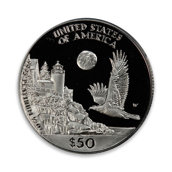 U.S. Mint $50 silver coin featuring eagle, moon, and lighthouse design, available at Pacific Precious Metals.