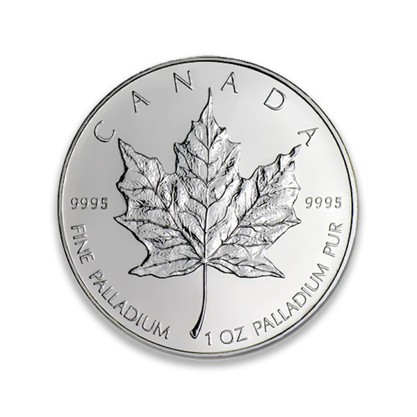 1 oz Canadian Palladium Maple Leaf coin with .9995 fine palladium purity, symbolizing palladium's industrial and investment value.