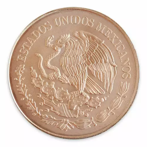 Reverse of Mexican Libertad coin showing national eagle with snake perched on cactus. 