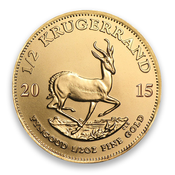Close-up of a 2015 South African gold Krugerrand coin featuring a springbok antelope.