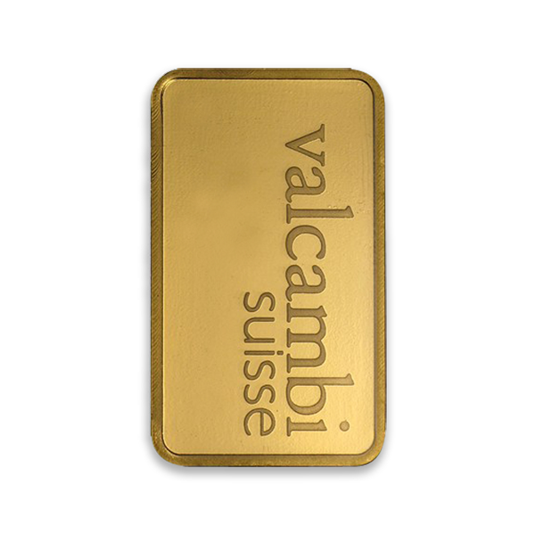 Top-down view of a rectangular Valcambi Suisse gold bar.