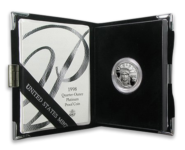 A 1998 quarter-ounce American Platinum Eagle proof coin in a black velvet-lined US Mint collector's case. 