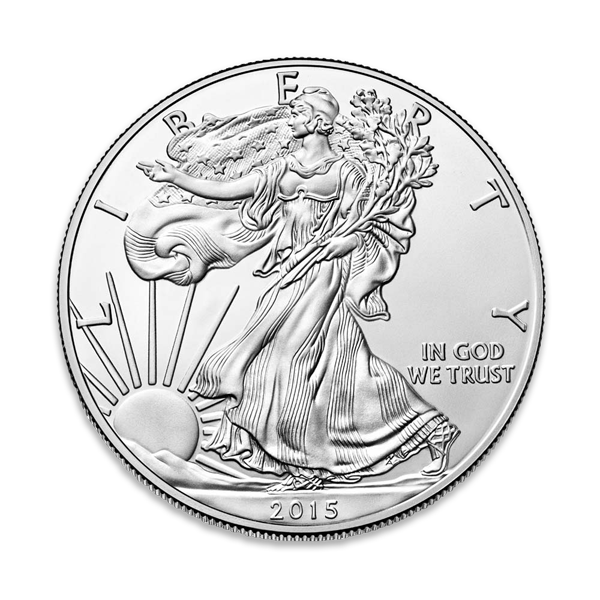  Obverse side of a silver American Eagle coin featuring Liberty walking toward a rising sun.