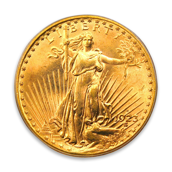 A 1923 Saint-Gaudens Double Eagle gold coin showing Lady Liberty holding a torch and olive branch. 