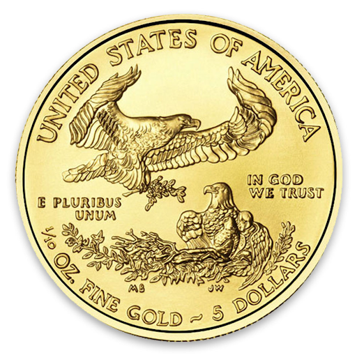 Reverse of a $5 American Gold Eagle coin featuring two bald eagles and inscriptions. 