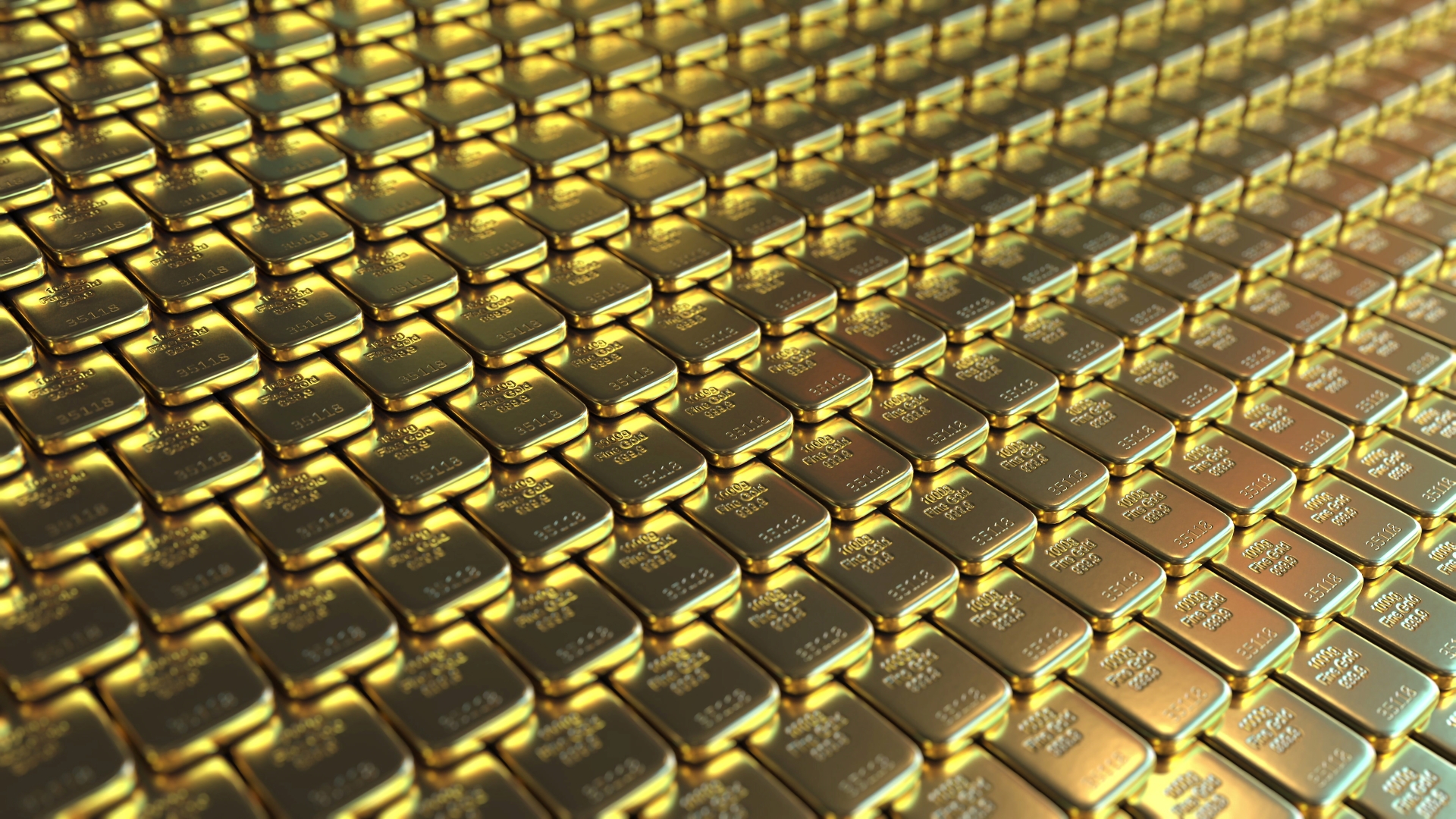 Extensive field of small, rectangular gold bullion bars neatly arranged in a repeating diagonal pattern.