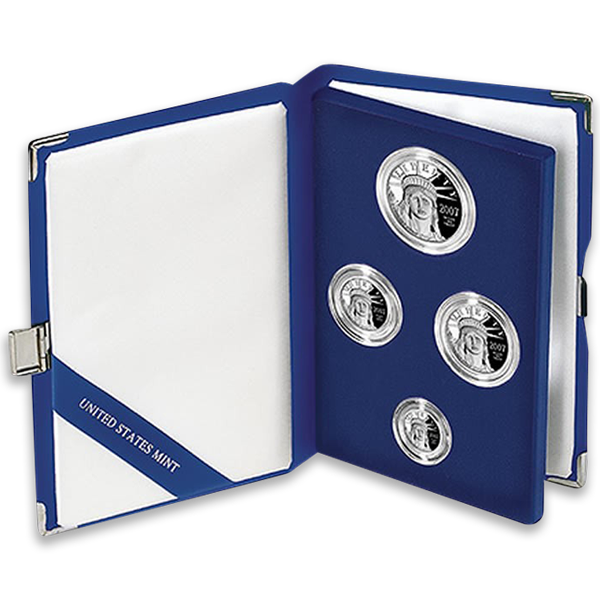 United States Mint proof set featuring four platinum coins with Statue of Liberty designs in a blue presentation case.