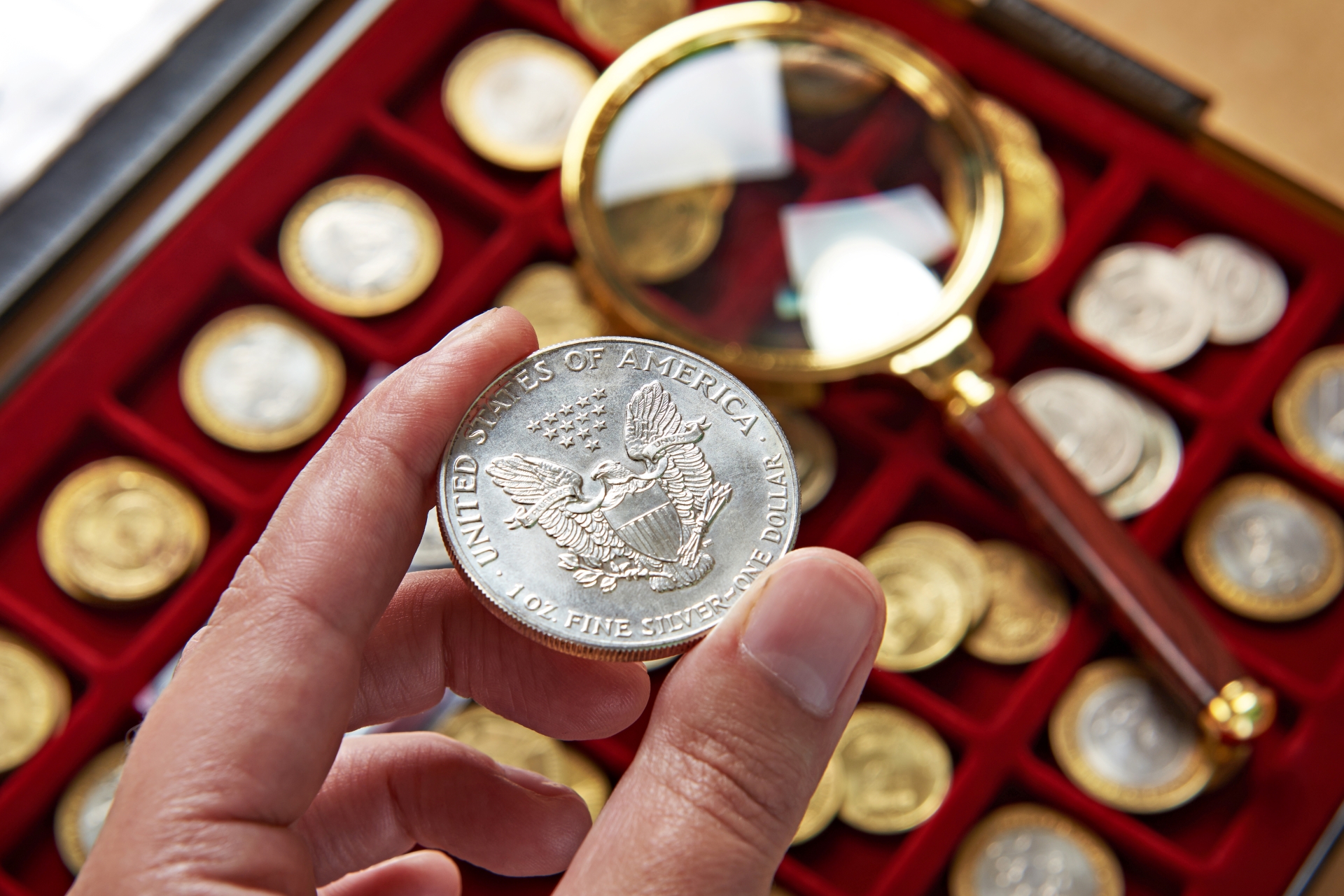 A hand holding a silver dollar coin over a collector's tray filled with gold and silver coins, with a magnifying glass.