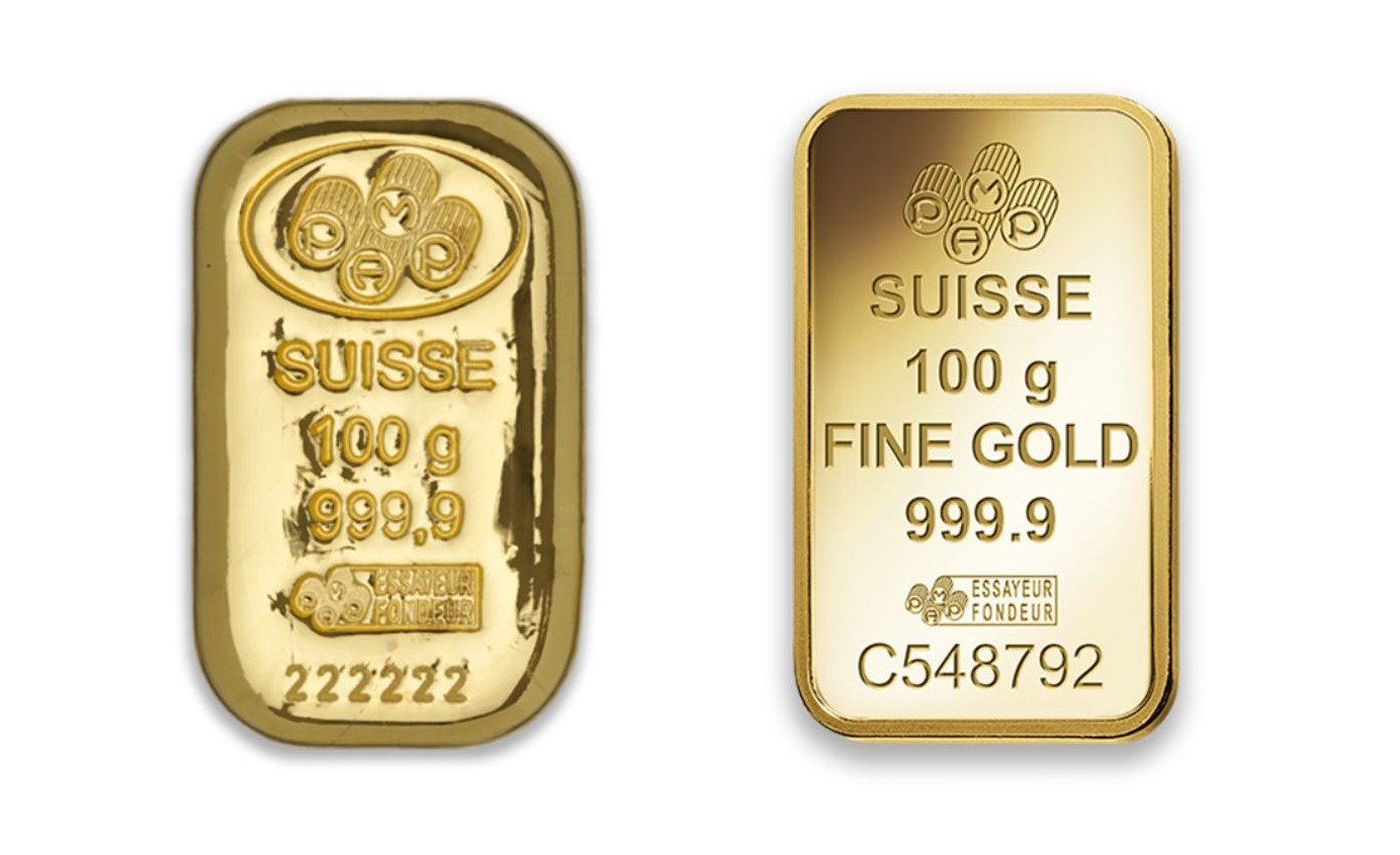 Cast and minted 100g Suisse gold bars side by side, showing texture and finish differences.