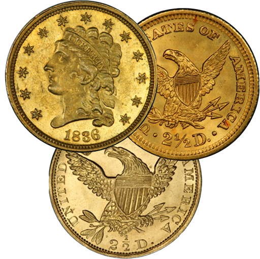 Three vintage U.S. gold coins from the 1800s with detailed eagle and Liberty engravings, symbolizing hard assets.