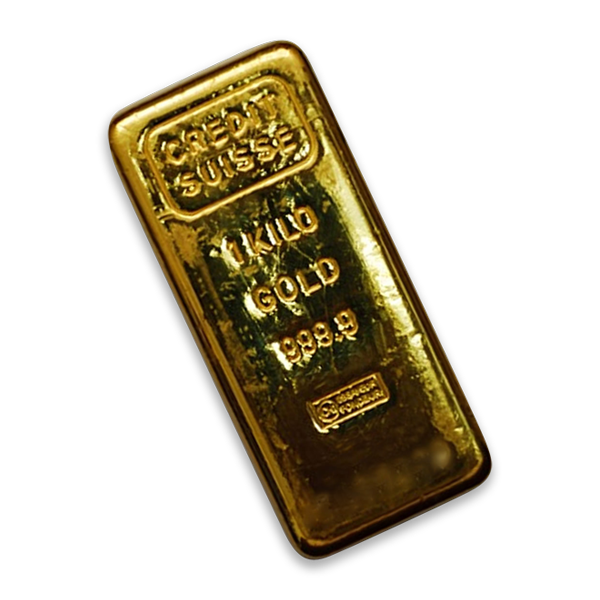  Front view of a 1 oz Credit Suisse fine gold bar with 999.9 purity stamps.