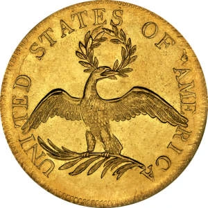 A vintage gold coin featuring an eagle holding an olive branch and laurel wreath, inscribed with "UNITED STATES OF AMERICA".