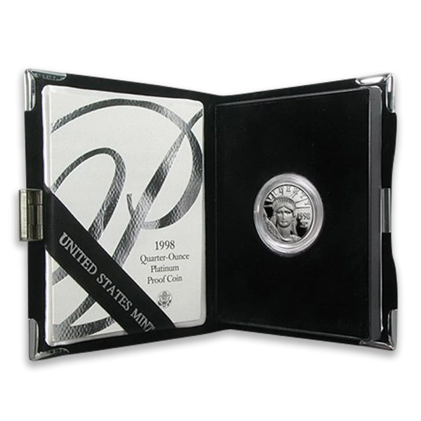 1998 United States Mint quarter-ounce platinum proof coin in a black display case highlighting platinum's investment appeal.