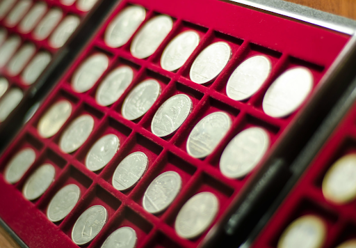 Organized display of silver collectible coins in a red velvet-lined case, emphasizing numismatic value and storage.