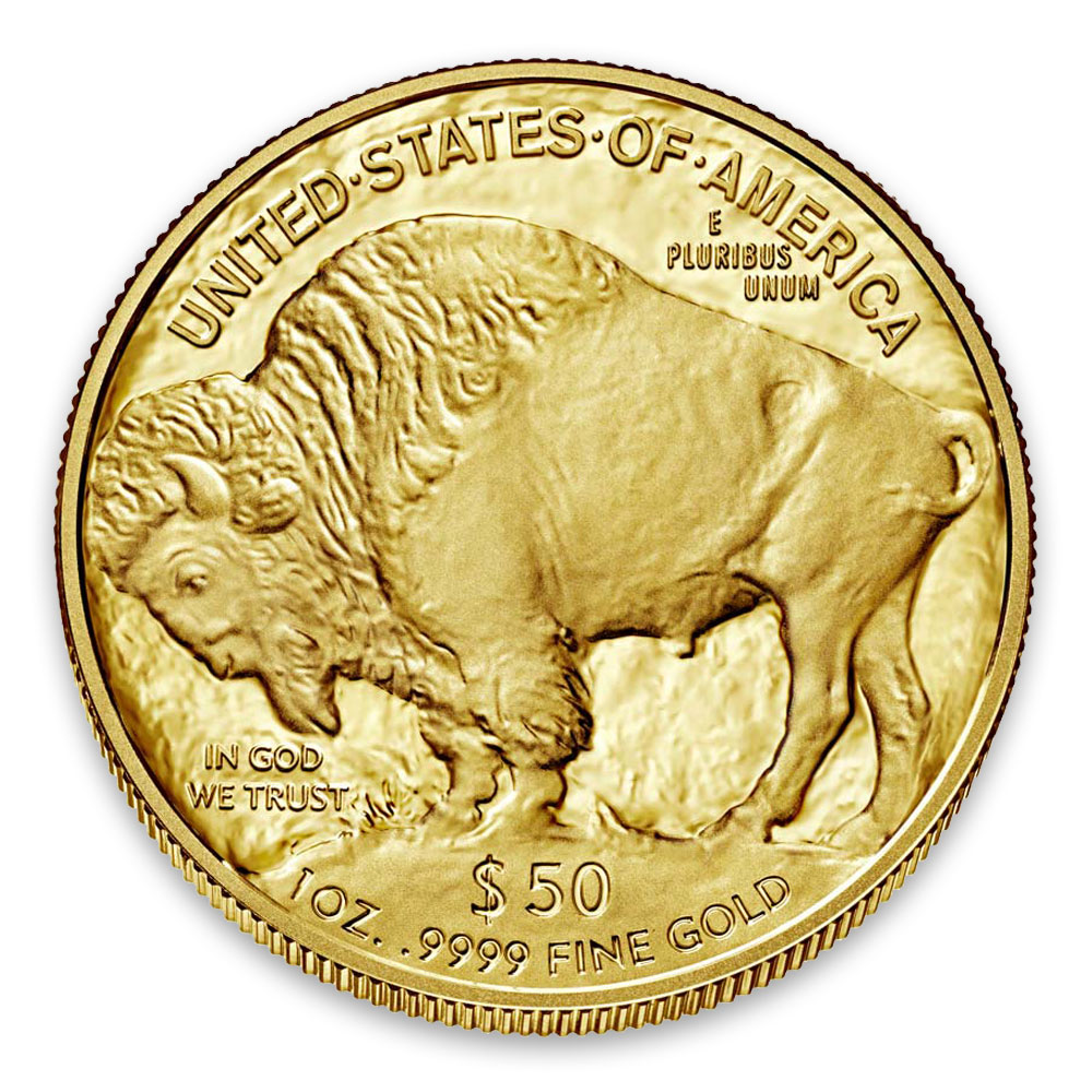 A 2017 American Buffalo one-ounce gold coin featuring a detailed bison and 50-dollar face value stamps.