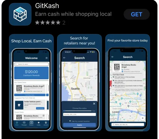 GitKash mobile app screeenshots showcasing the procedure of finding a retailer that uses GitKash