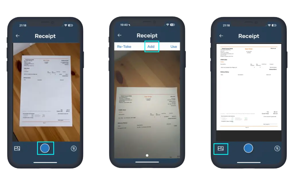 Screenshots of the GitKash app showcasing using different receipts/methods of uploading a receipt for redeeming your cashback.