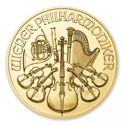 	Austrian Gold Philharmonic coin, 1/10 oz, with the image of the Vienna Philharmonic Orchestra’s instruments.