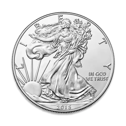 1oz American Silver Eagle coin featuring the Walking Liberty design with rising sun imagery.