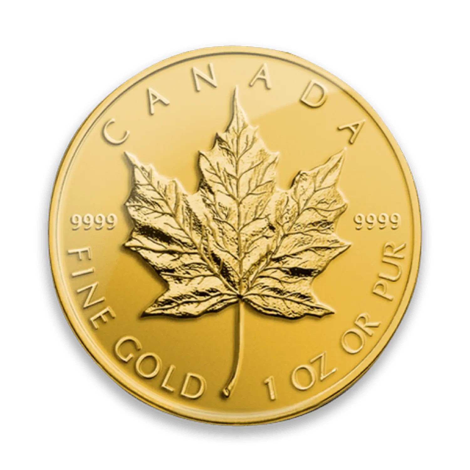 Any Year 1oz Canadian Gold Maple Leaf coin with maple leaf design and high purity gold