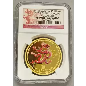 Graded NGC PF69 ULTRA CAMEO 2012P 1oz Colorized Australian Perth Mint Gold Lunar II: Year of the Dragon (2)
